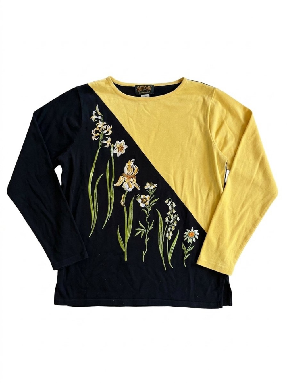 Bob Mackie Yellow & Black Diagonal Floral Embroidered Long-Sleeve Top